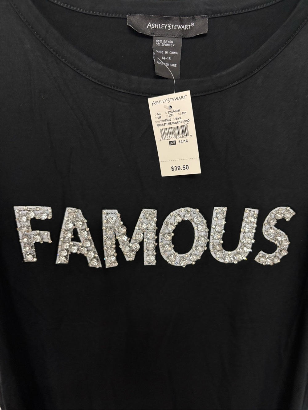 Ashley Stewart Black Tee with Silver Sequin 'FAMOUS' Graphic